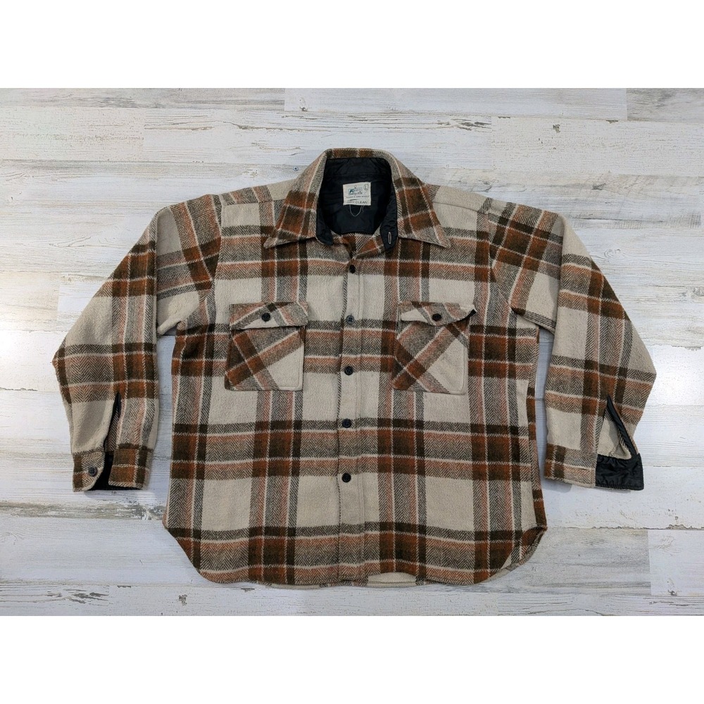 Vintage 70s Kmart Mens Large Plaid Flannel Button Up Shirt Wool Blend Korea